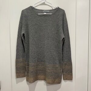 CASHMERE Gray Gold Metallic Cashmere Long Sleeve Crew Neck Sweater Medium